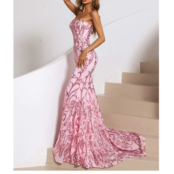 Luxe Pink Sequin Strapless Evening Prom Formal Wedding Dress - Picture 2 of 6
